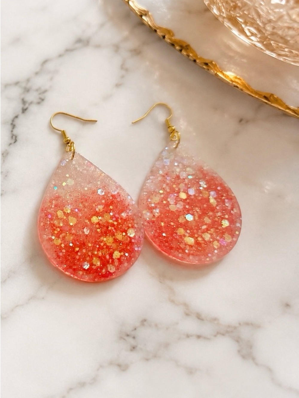 Neon Coral Pink Glitter Teardrop Resin Earrings